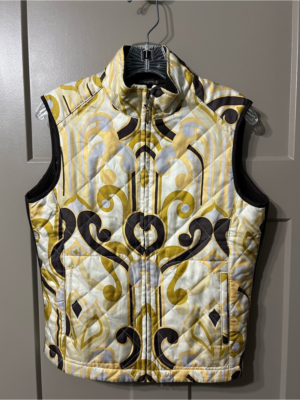 J. McLaughlin Quilted zip up Vest in Brown & yellow Stretch panels 💯 silk outer